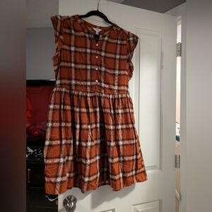 Orange Brown Plaid Pleated Ruffled Sundress